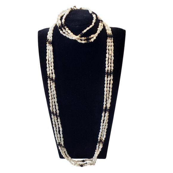 Gold & Fresh Water Pearl Multi Strand Necklace Bracelet with Onyx Stone Vtg 22
